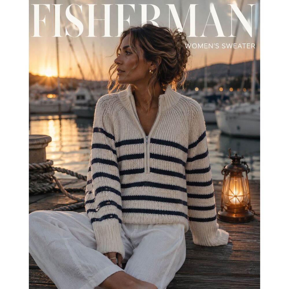 Hygge Fisherman Hyannis Chic Lake Cabin Knit Sweater Zipped White Blue Stripe XL